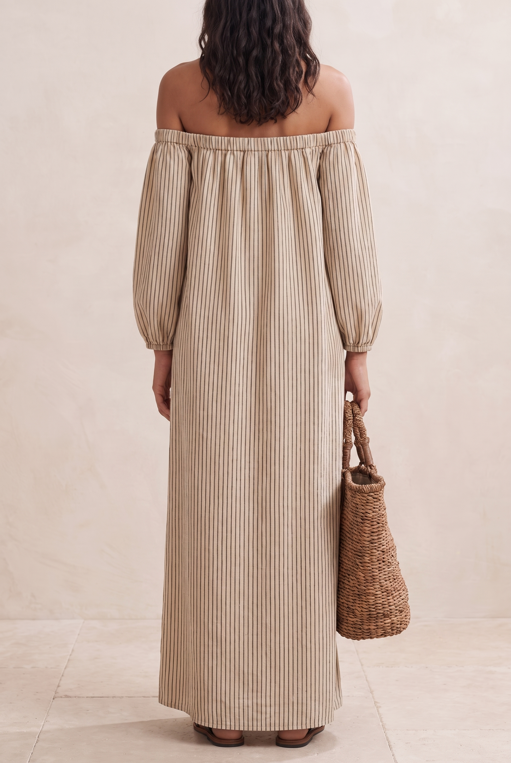 Vestido Maxi a Rayas con Hombros Descubiertos para Mujer-Maxi Dress-Casaluzia