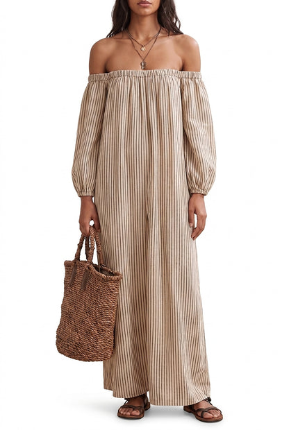 Vestido Maxi a Rayas con Hombros Descubiertos para Mujer-Maxi Dress-Casaluzia