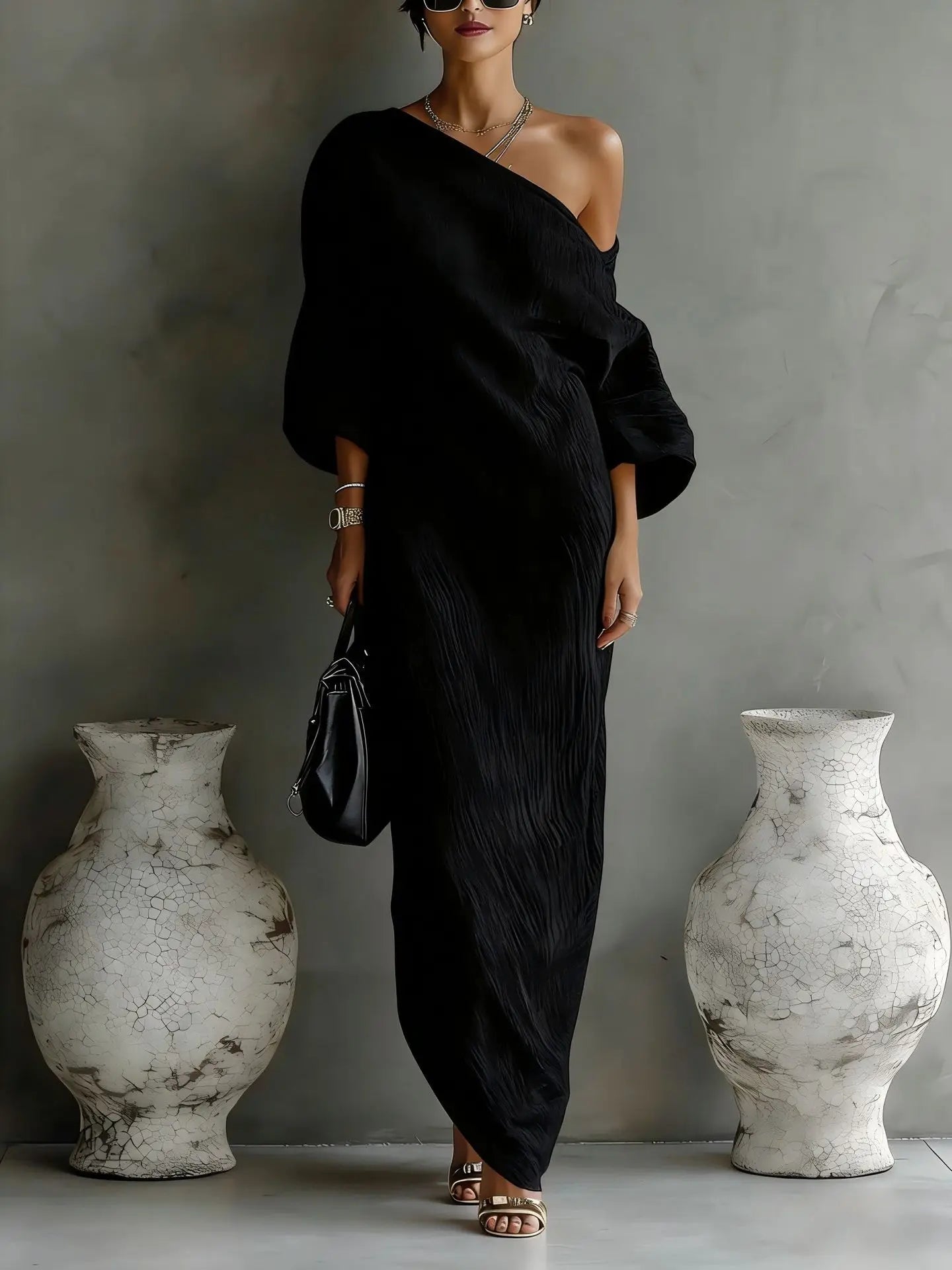Vestido Maxi Asimétrico de un Hombro para Mujer-Maxi Dress-Casaluzia