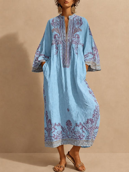 Vestido Maxi Bordado para Mujer con Mangas Anchas-Maxi Dress-Casaluzia