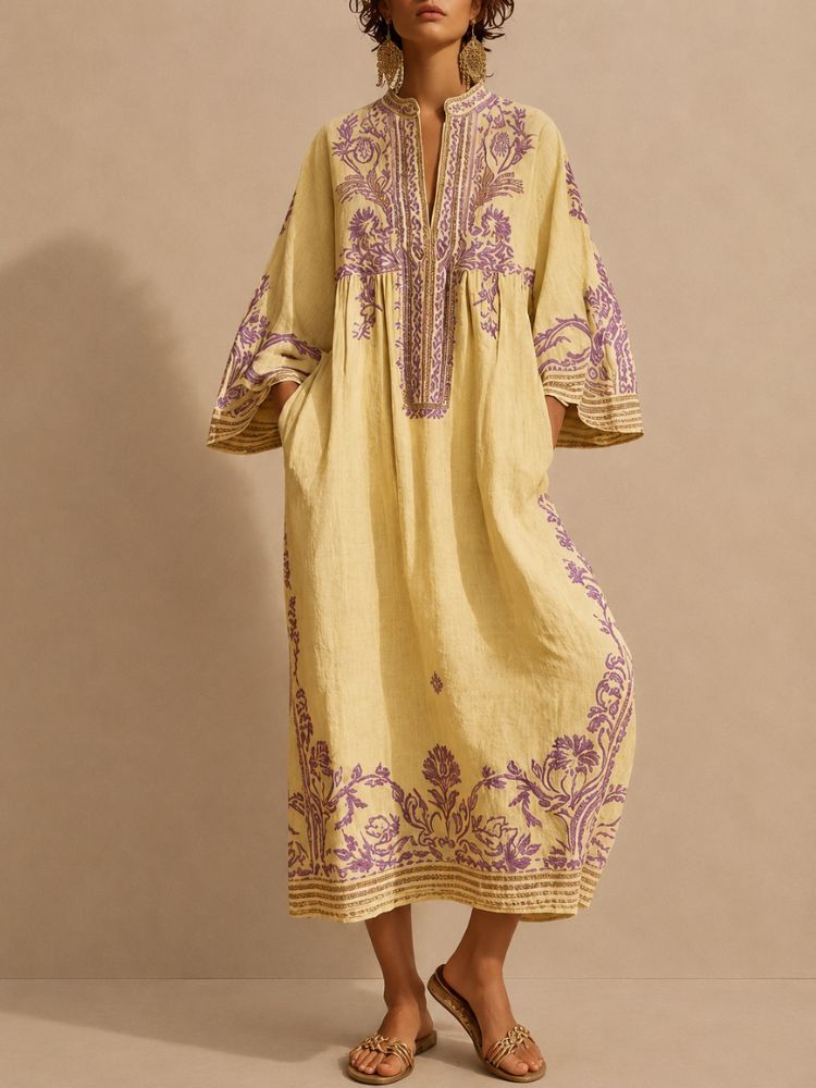 Vestido Maxi Bordado para Mujer con Mangas Anchas-Maxi Dress-Casaluzia