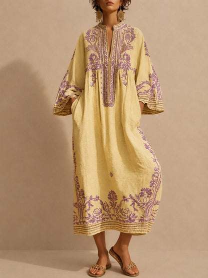 Vestido Maxi Bordado para Mujer con Mangas Anchas-Maxi Dress-Casaluzia