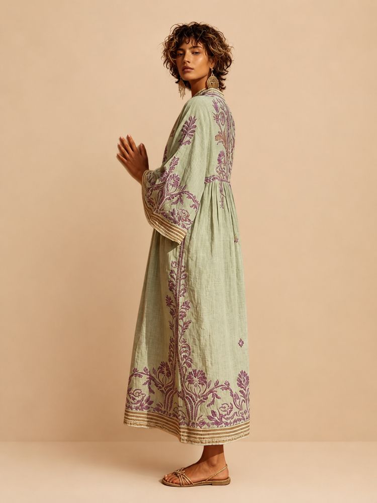 Vestido Maxi Bordado para Mujer con Mangas Anchas-Maxi Dress-Casaluzia