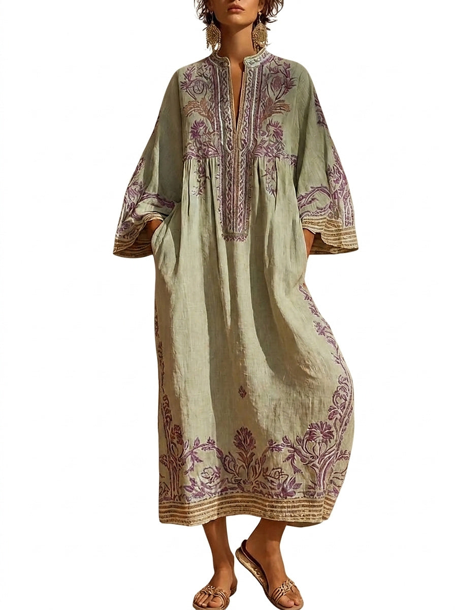 Vestido Maxi Bordado para Mujer con Mangas Anchas-Maxi Dress-Casaluzia
