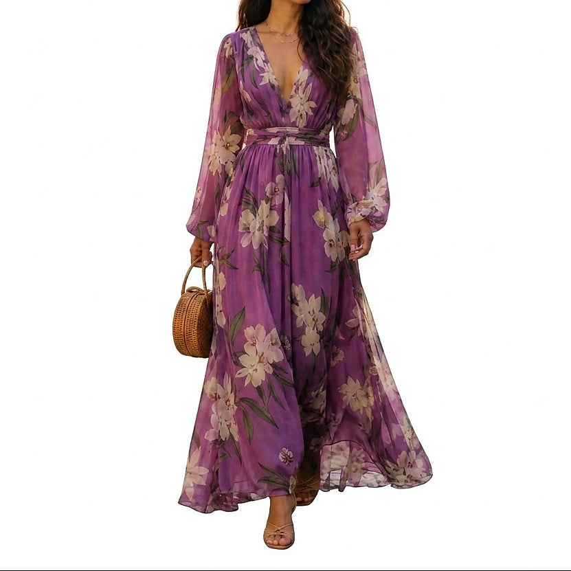 Vestido Maxi con Escote en V y Estampado Floral para Mujer-Maxi Dress-Casaluzia