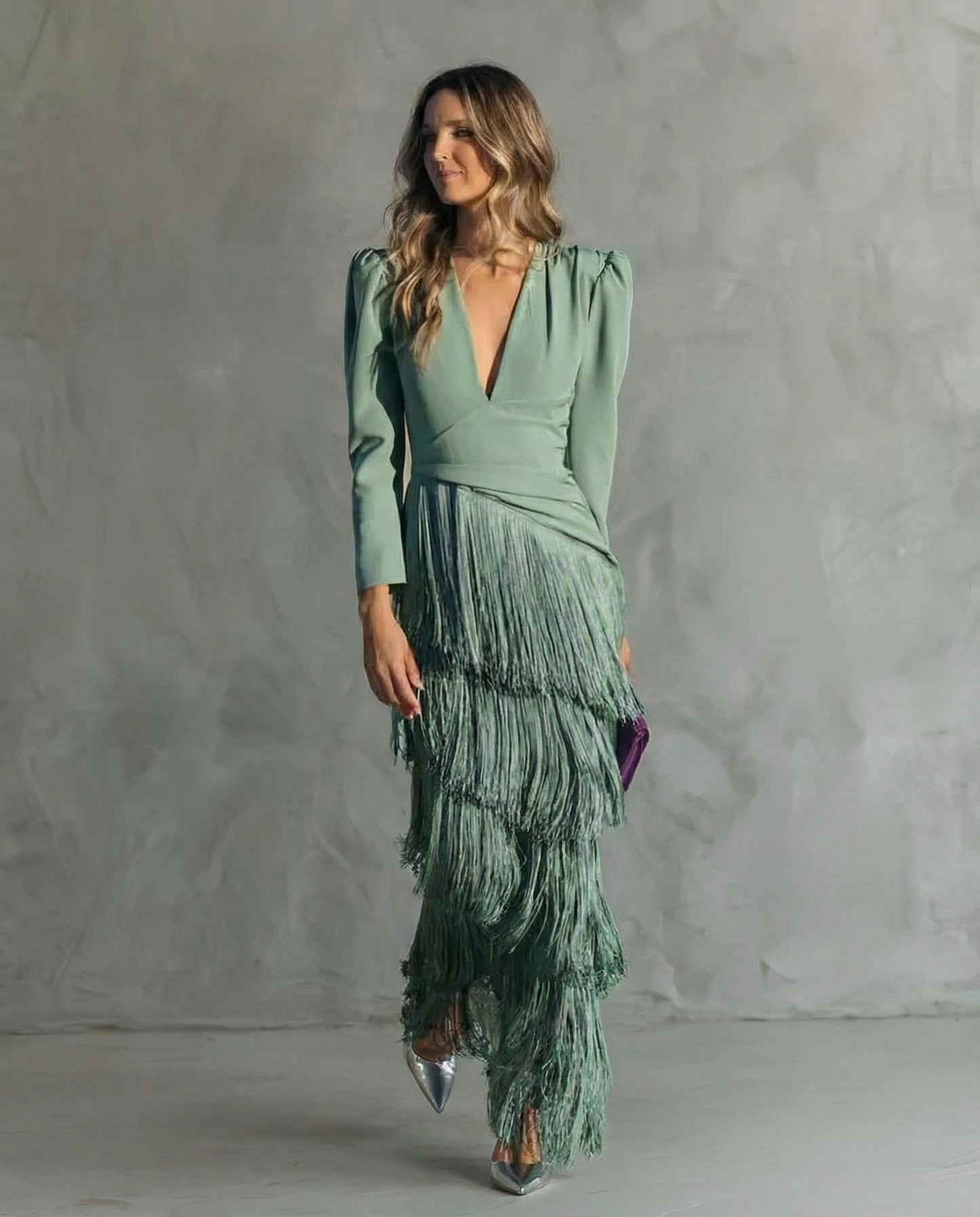 Vestido Maxi con Escote en V y Flecos Escalonados para Mujer-Maxi Dress-Casaluzia