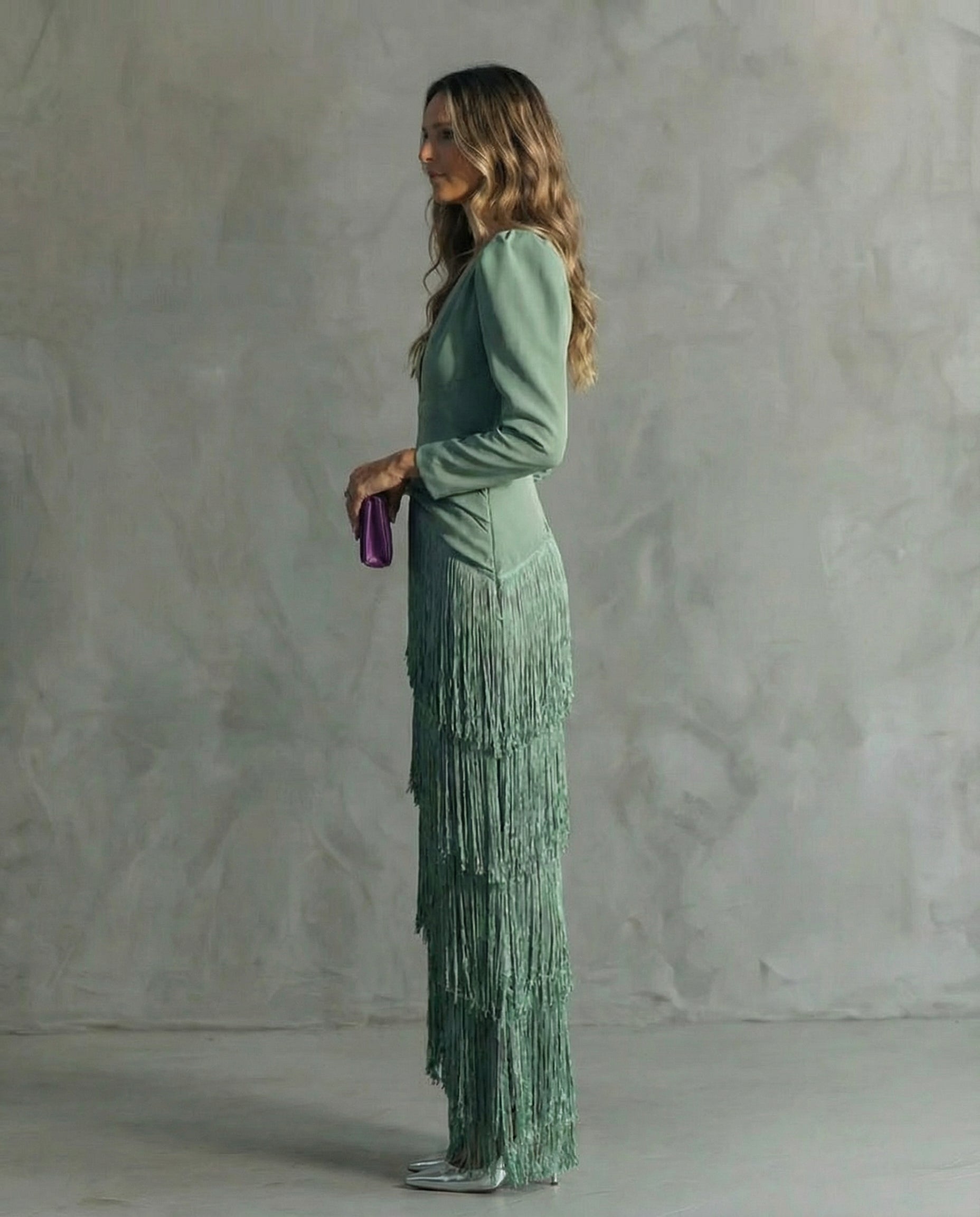 Vestido Maxi con Escote en V y Flecos Escalonados para Mujer-Maxi Dress-Casaluzia