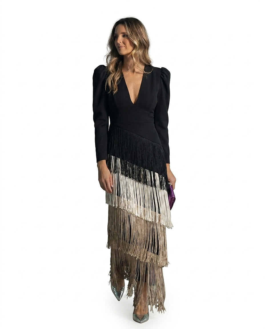 Vestido Maxi con Escote en V y Flecos Escalonados para Mujer-Maxi Dress-Casaluzia