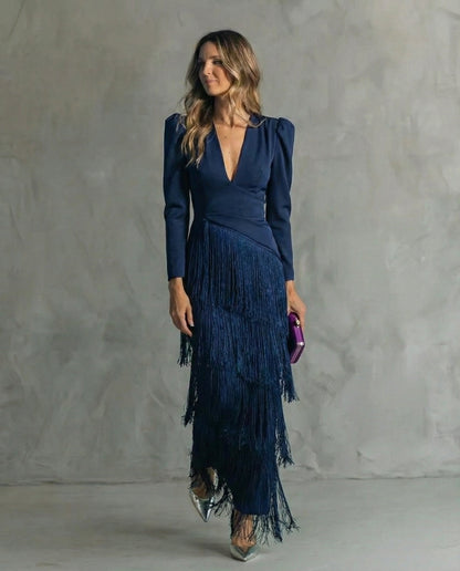 Vestido Maxi con Escote en V y Flecos Escalonados para Mujer-Maxi Dress-Casaluzia