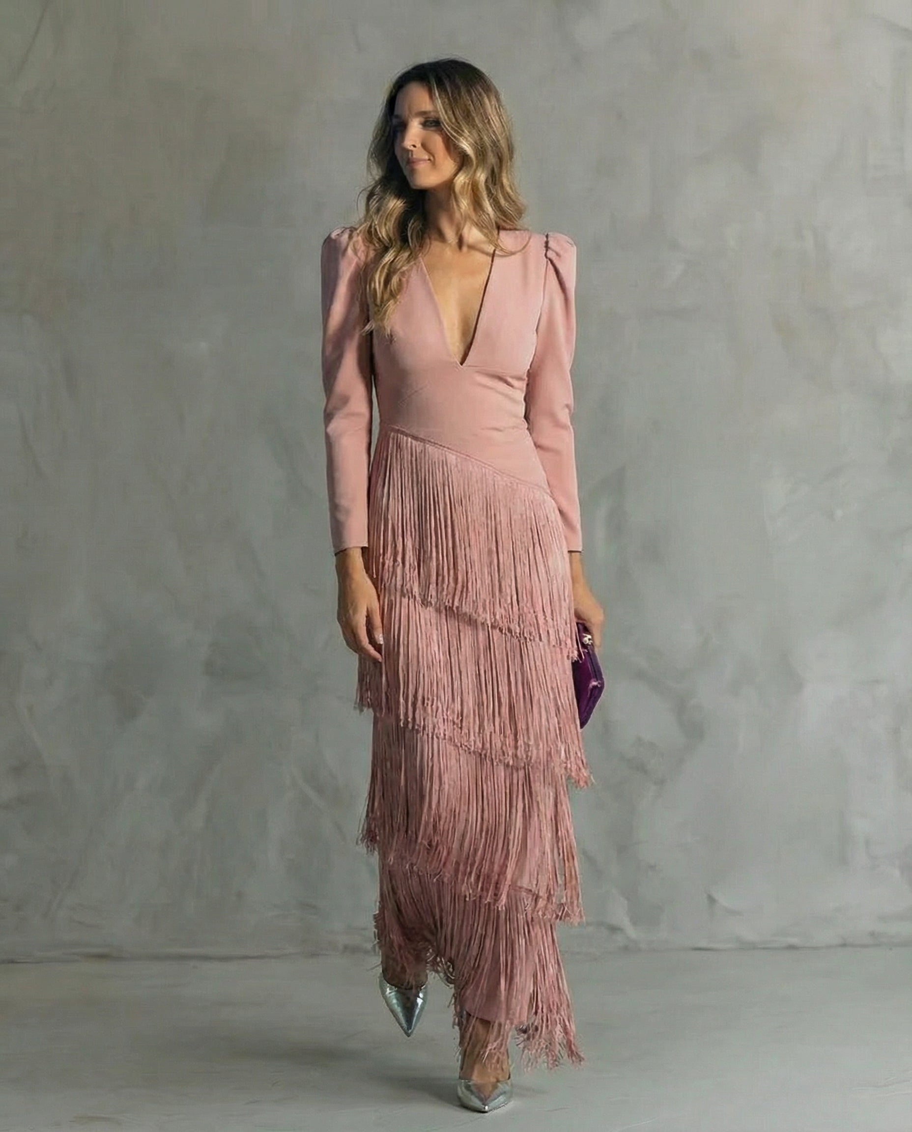 Vestido Maxi con Escote en V y Flecos Escalonados para Mujer-Maxi Dress-Casaluzia