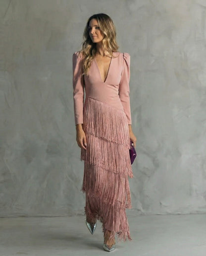 Vestido Maxi con Escote en V y Flecos Escalonados para Mujer-Maxi Dress-Casaluzia