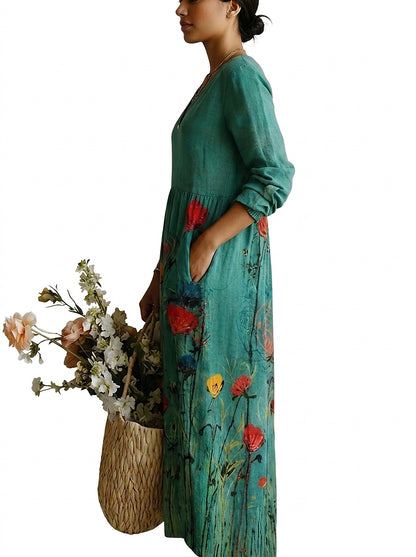 Vestido Maxi con Estampado Floral y Cuello en V para Mujer-Maxi Dress-Casaluzia