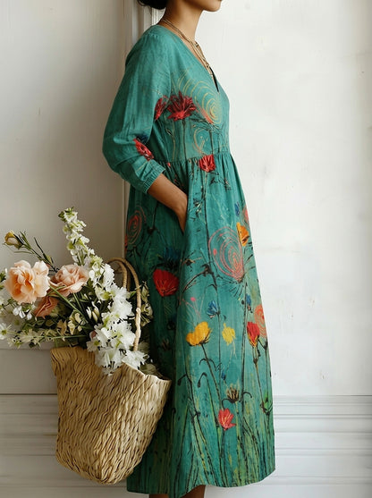 Vestido Maxi con Estampado Floral y Cuello en V para Mujer-Maxi Dress-Casaluzia