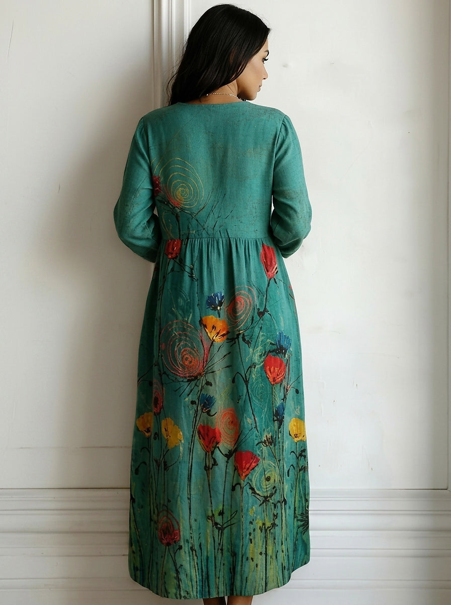 Vestido Maxi con Estampado Floral y Cuello en V para Mujer-Maxi Dress-Casaluzia