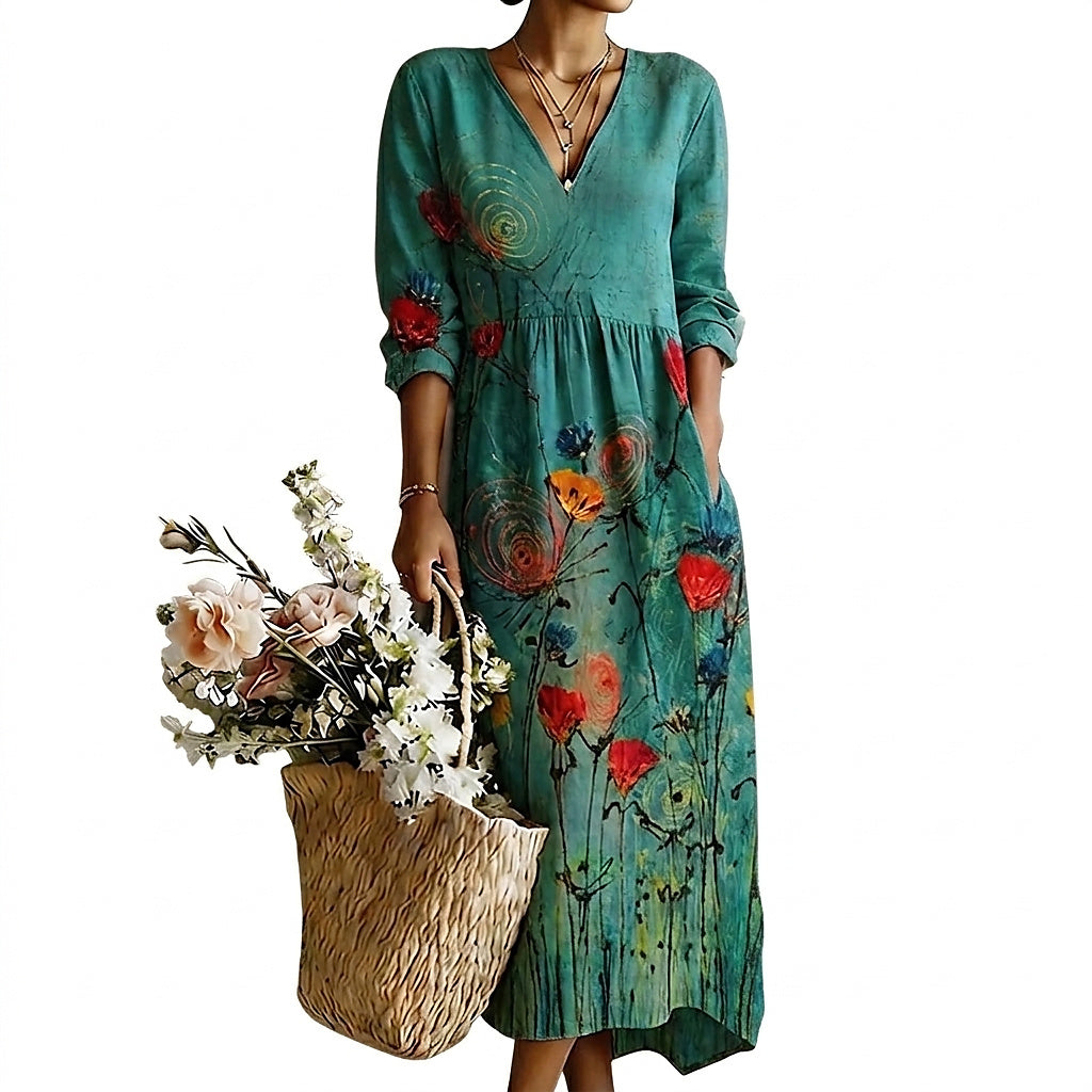 Vestido Maxi con Estampado Floral y Cuello en V para Mujer-Maxi Dress-Casaluzia