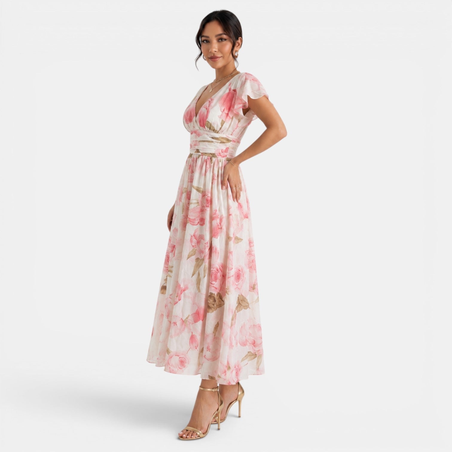 Vestido Maxi con Estampado Floral y Escote en V para Mujer-Maxi Dress-Casaluzia