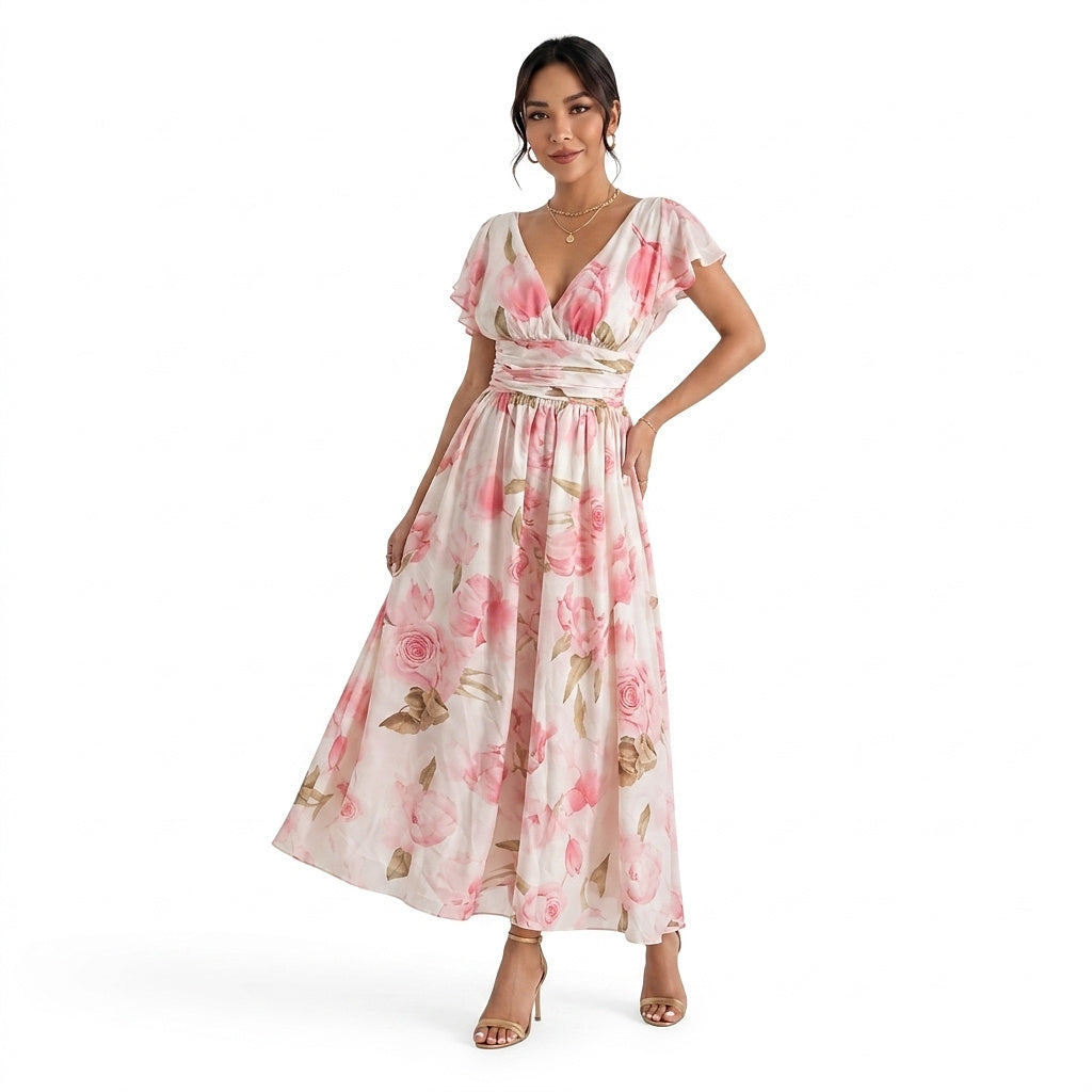Vestido Maxi con Estampado Floral y Escote en V para Mujer-Maxi Dress-Casaluzia
