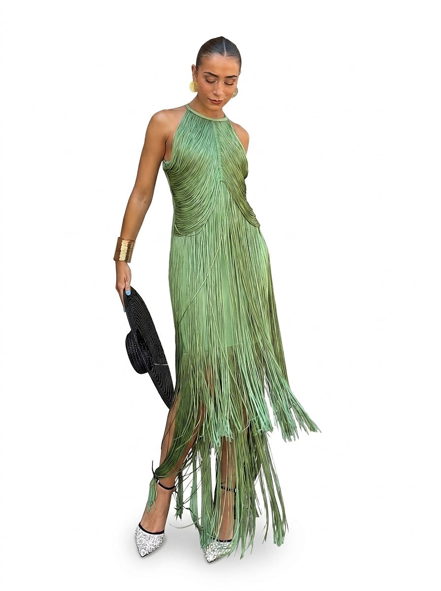 Vestido Maxi con Flecos y Cuello Halter para Mujer-Maxi Dress-Casaluzia