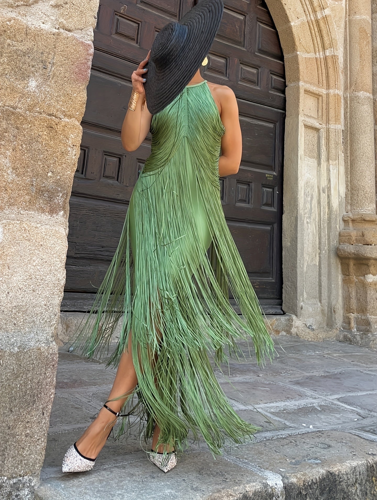 Vestido Maxi con Flecos y Cuello Halter para Mujer-Maxi Dress-Casaluzia