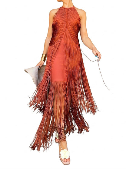 Vestido Maxi con Flecos y Cuello Halter para Mujer-Maxi Dress-Casaluzia