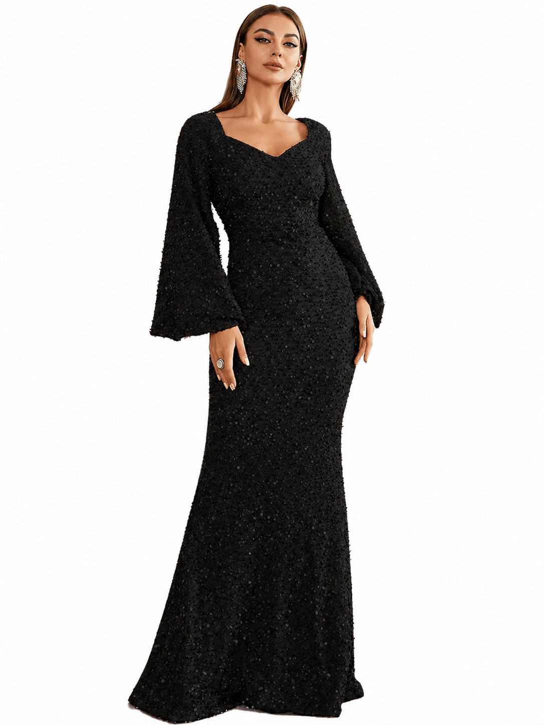 Vestido Maxi de Lentejuelas para Mujer con Escote en V y Mangas Acampanadas-Maxi Dress-Casaluzia
