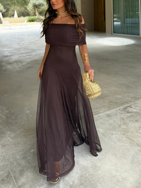 Vestido Maxi de Malla con Hombros Descubiertos para Mujer-Maxi Dress-Casaluzia