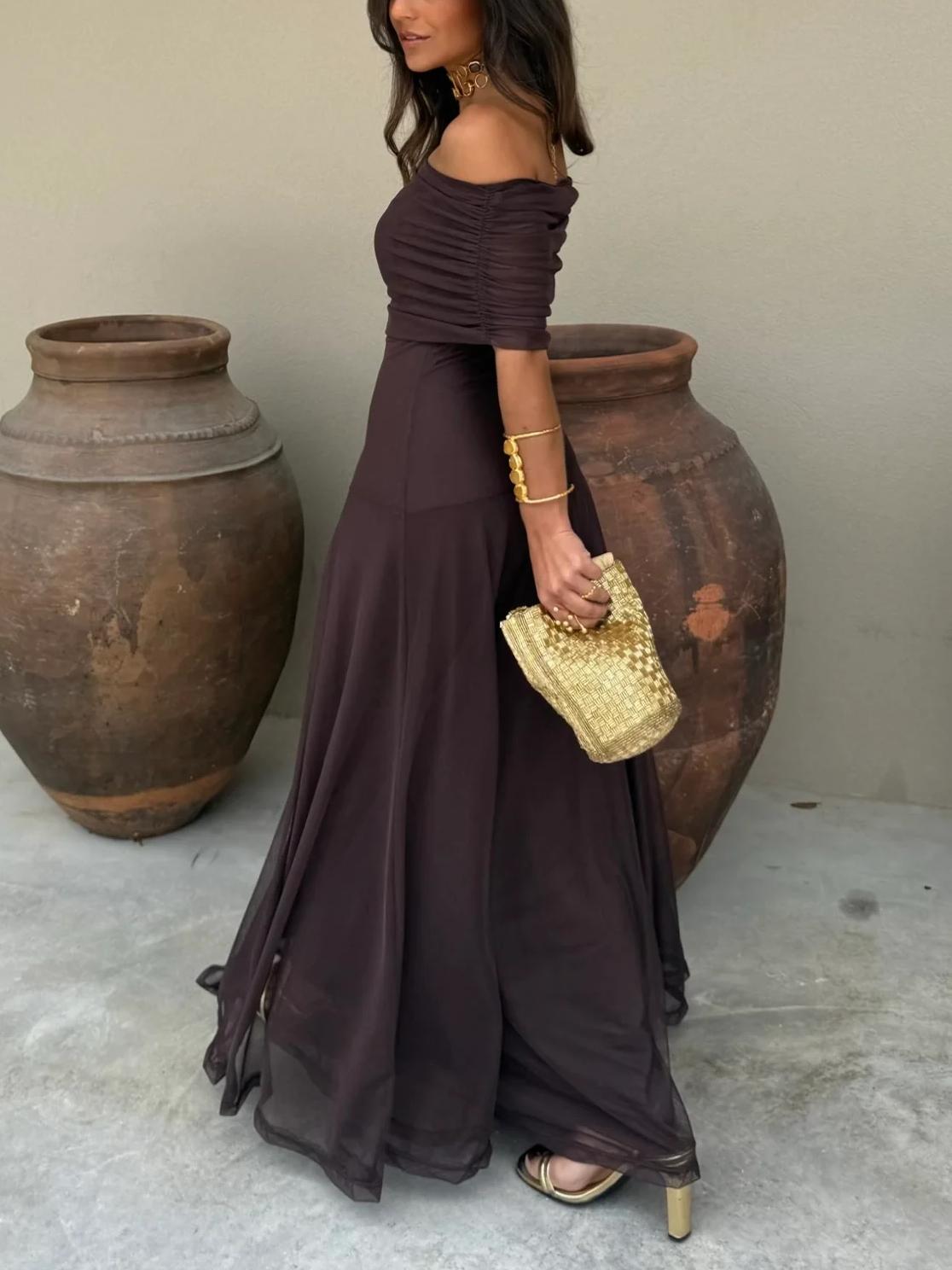 Vestido Maxi de Malla con Hombros Descubiertos para Mujer-Maxi Dress-Casaluzia