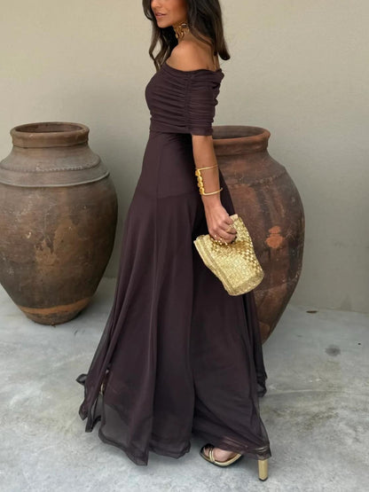 Vestido Maxi de Malla con Hombros Descubiertos para Mujer-Maxi Dress-Casaluzia