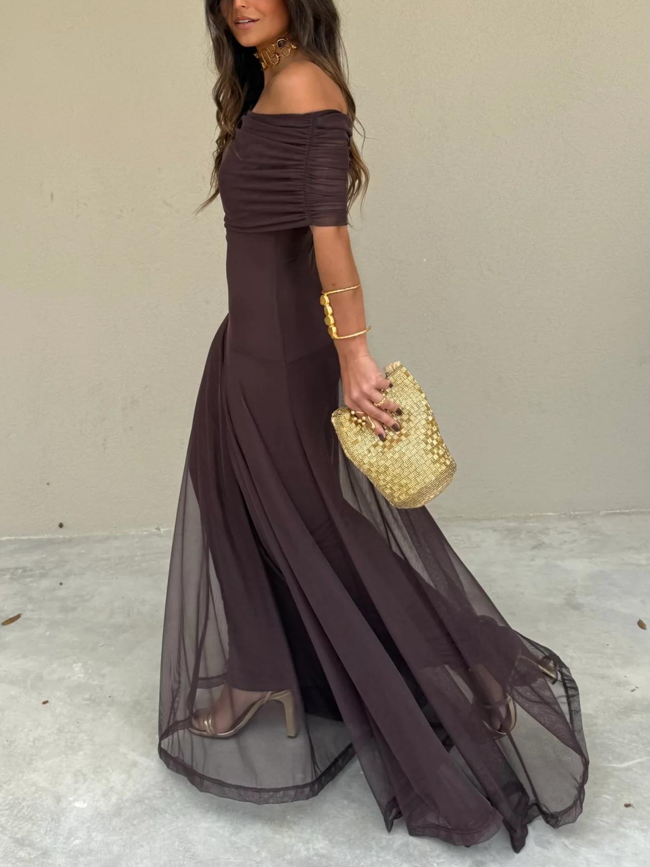 Vestido Maxi de Malla con Hombros Descubiertos para Mujer-Maxi Dress-Casaluzia