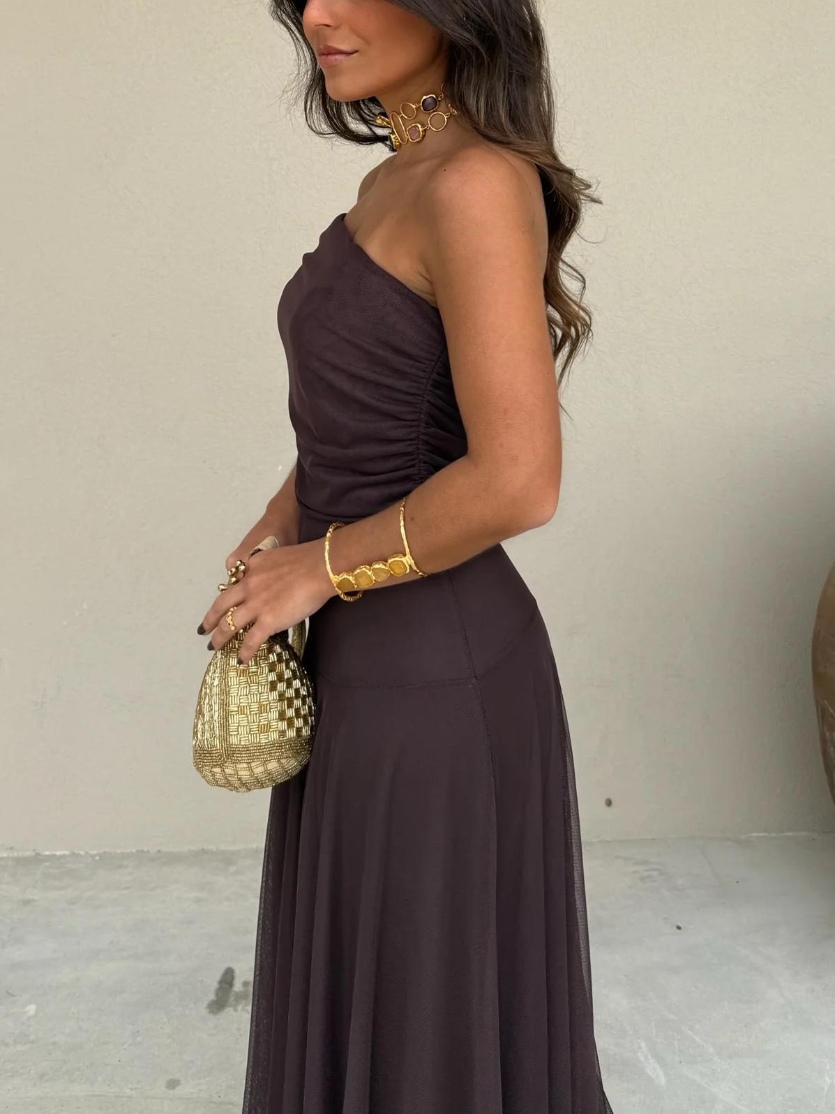 Vestido Maxi de Malla con Hombros Descubiertos para Mujer-Maxi Dress-Casaluzia