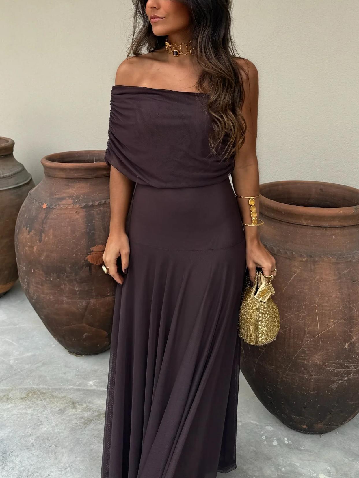 Vestido Maxi de Malla con Hombros Descubiertos para Mujer-Maxi Dress-Casaluzia