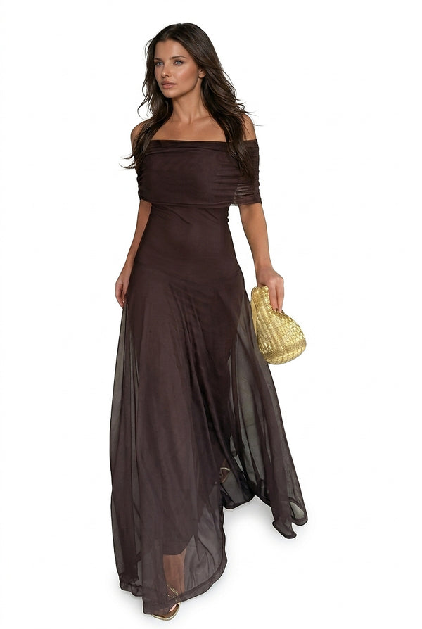 Vestido Maxi de Malla con Hombros Descubiertos para Mujer-Maxi Dress-Casaluzia