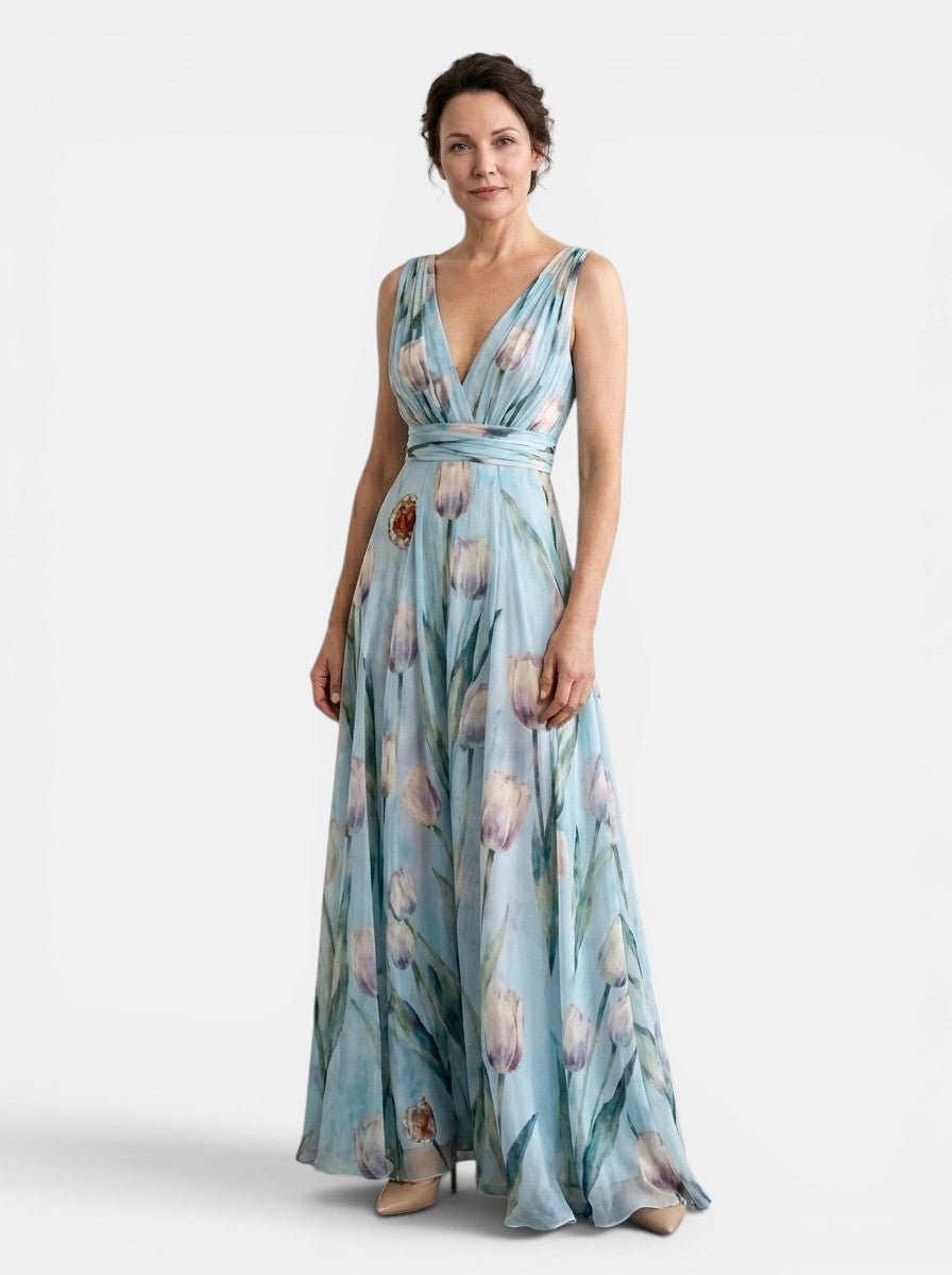 Vestido Maxi de Mujer sin Mangas con Estampado Floral y Cuello en V-Maxi Dress-Casaluzia