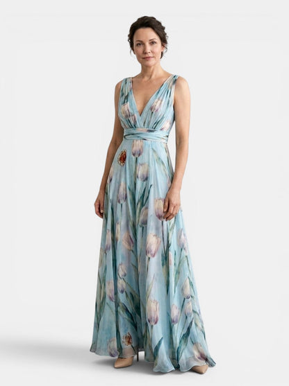 Vestido Maxi de Mujer sin Mangas con Estampado Floral y Cuello en V-Maxi Dress-Casaluzia