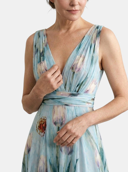 Vestido Maxi de Mujer sin Mangas con Estampado Floral y Cuello en V-Maxi Dress-Casaluzia