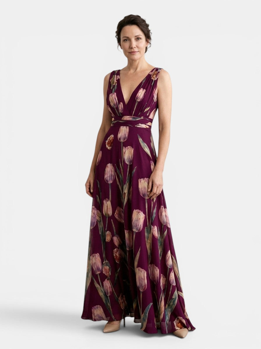 Vestido Maxi de Mujer sin Mangas con Estampado Floral y Cuello en V-Maxi Dress-Casaluzia