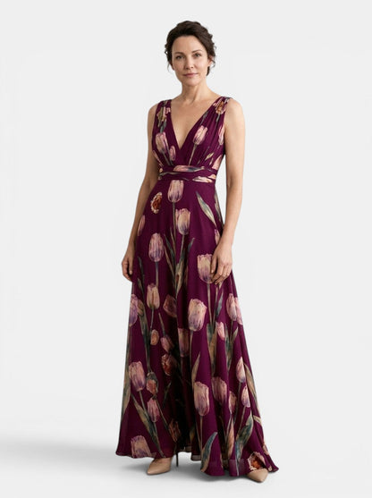Vestido Maxi de Mujer sin Mangas con Estampado Floral y Cuello en V-Maxi Dress-Casaluzia