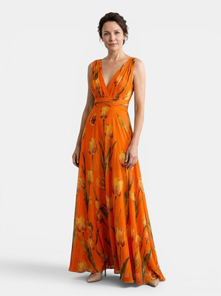 Vestido Maxi de Mujer sin Mangas con Estampado Floral y Cuello en V-Maxi Dress-Casaluzia