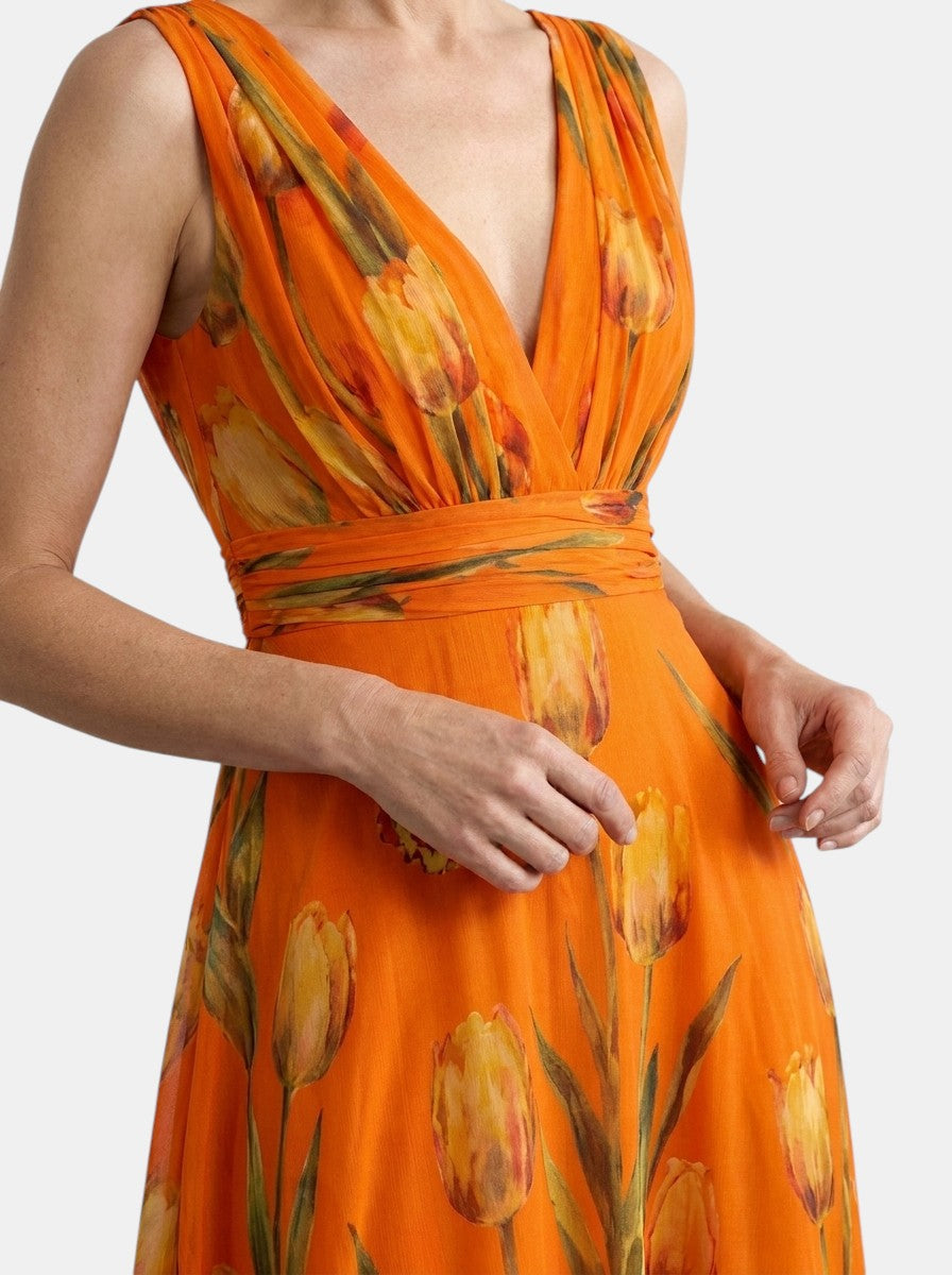 Vestido Maxi de Mujer sin Mangas con Estampado Floral y Cuello en V-Maxi Dress-Casaluzia