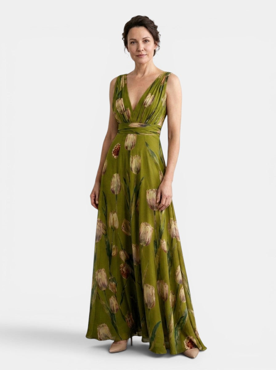 Vestido Maxi de Mujer sin Mangas con Estampado Floral y Cuello en V-Maxi Dress-Casaluzia