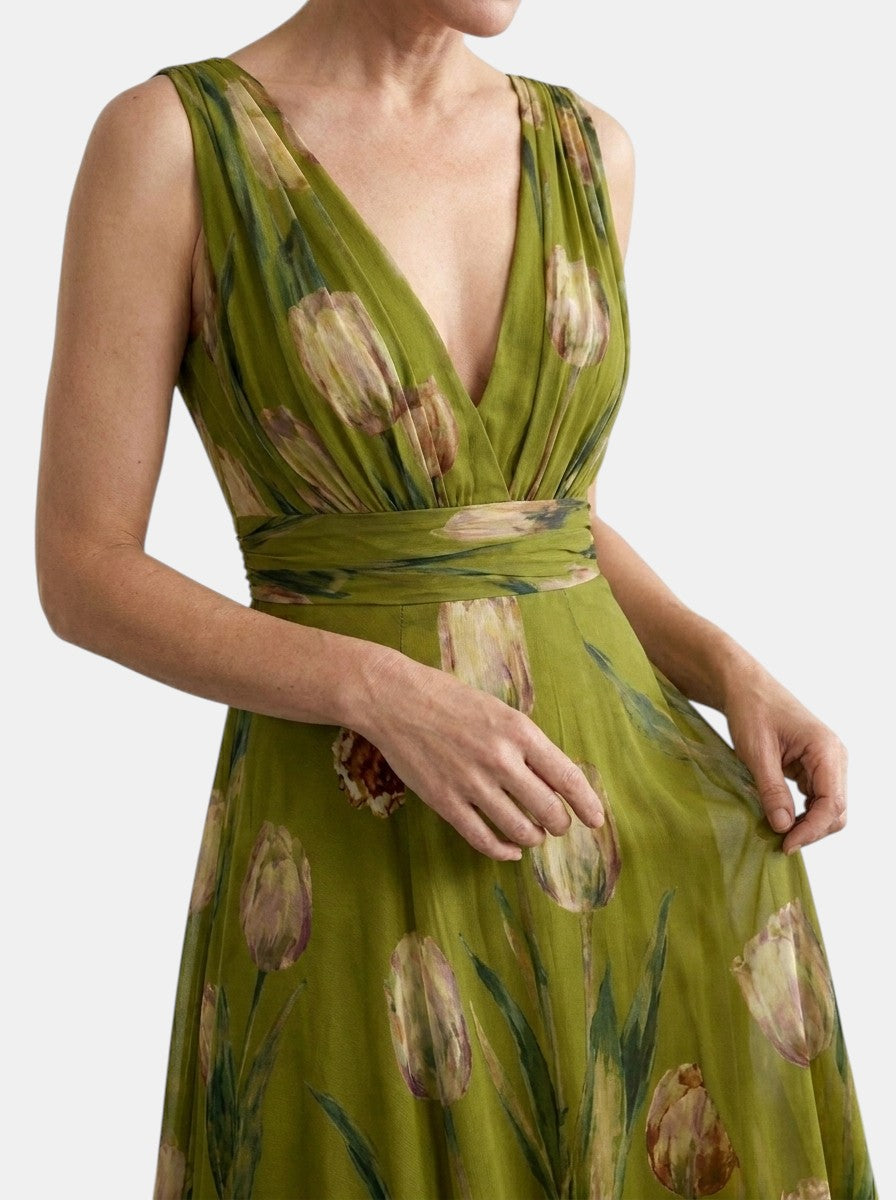 Vestido Maxi de Mujer sin Mangas con Estampado Floral y Cuello en V-Maxi Dress-Casaluzia