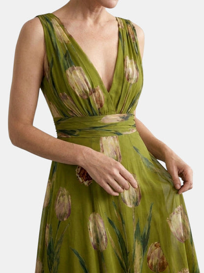 Vestido Maxi de Mujer sin Mangas con Estampado Floral y Cuello en V-Maxi Dress-Casaluzia