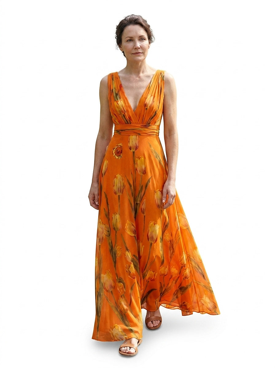 Vestido Maxi de Mujer sin Mangas con Estampado Floral y Cuello en V-Maxi Dress-Casaluzia