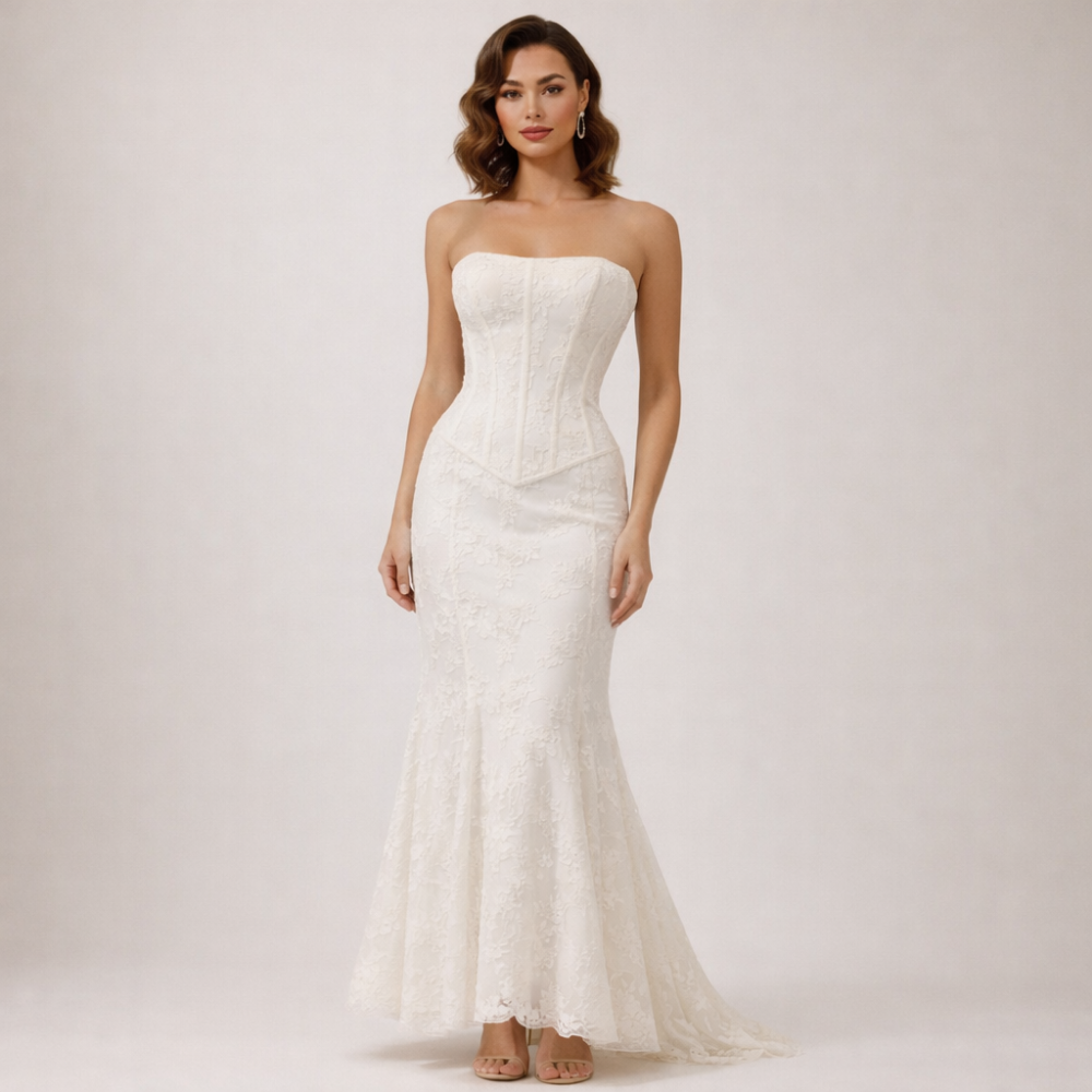 Vestido maxi de mujer sin tirantes con cuerpo estructurado y bajo acampanado-Maxi Dress-Casaluzia