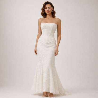 Vestido maxi de mujer sin tirantes con cuerpo estructurado y bajo acampanado-Maxi Dress-Casaluzia