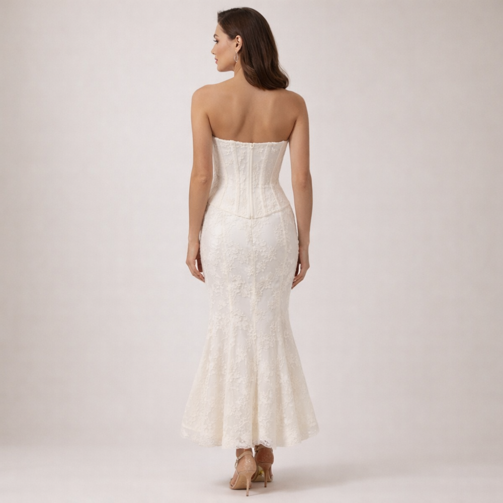 Vestido maxi de mujer sin tirantes con cuerpo estructurado y bajo acampanado-Maxi Dress-Casaluzia