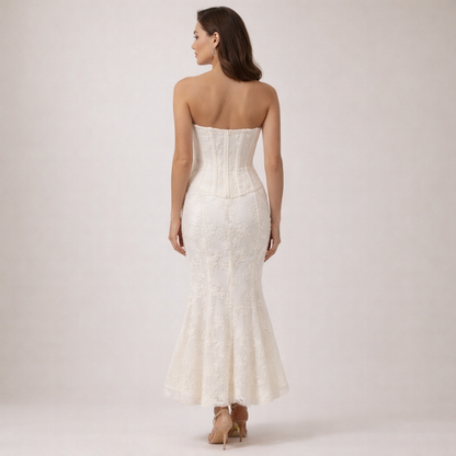 Vestido maxi de mujer sin tirantes con cuerpo estructurado y bajo acampanado-Maxi Dress-Casaluzia