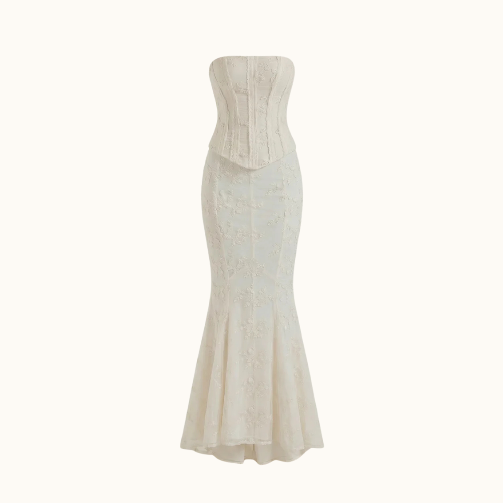 Vestido maxi de mujer sin tirantes con cuerpo estructurado y bajo acampanado-Maxi Dress-Casaluzia
