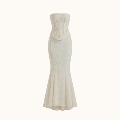 Vestido maxi de mujer sin tirantes con cuerpo estructurado y bajo acampanado-Maxi Dress-Casaluzia