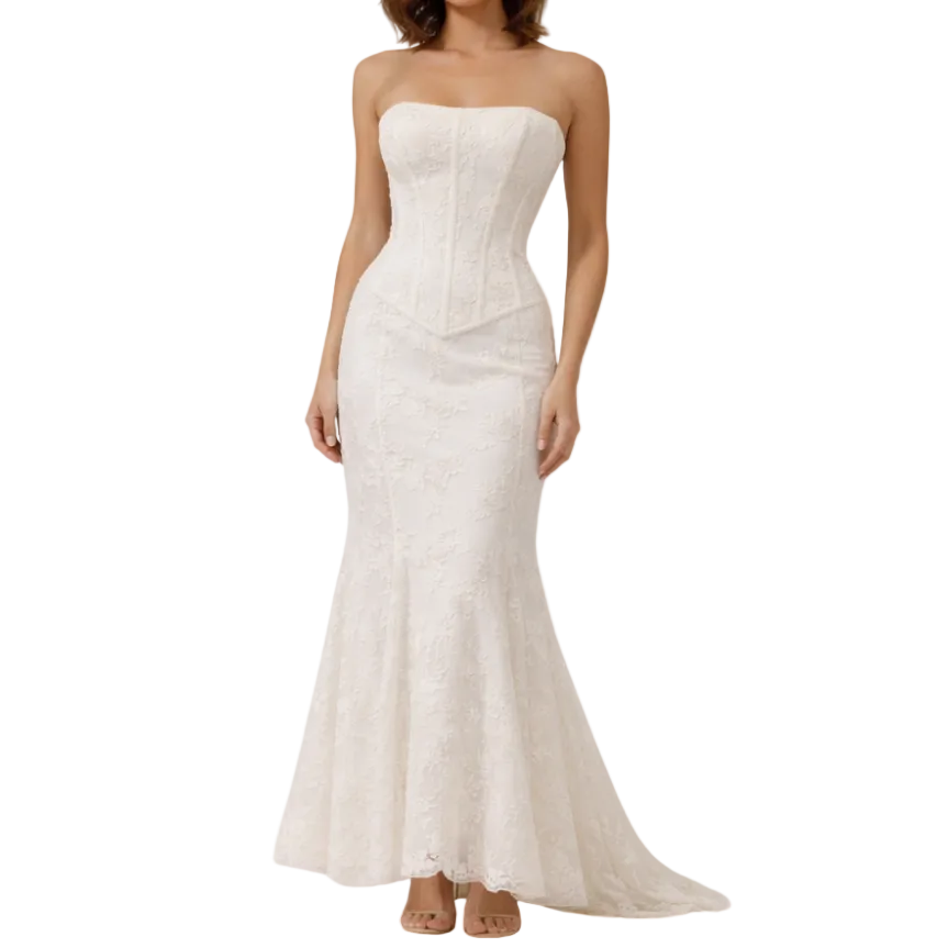 Vestido maxi de mujer sin tirantes con cuerpo estructurado y bajo acampanado-Maxi Dress-Casaluzia